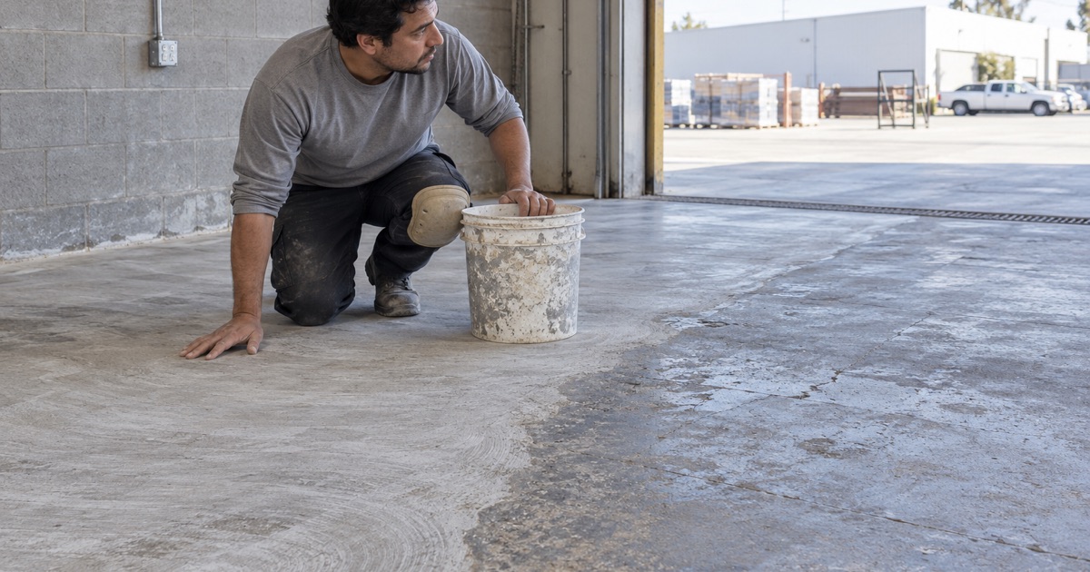 A worker inspecting a concrete slab beside a mixing bucket.
