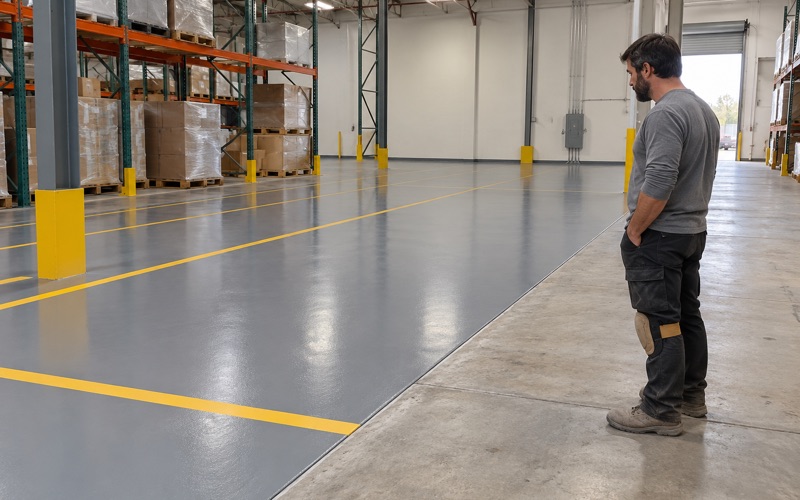 A worker beside a gray warehouse floor with yellow boundary lines.
