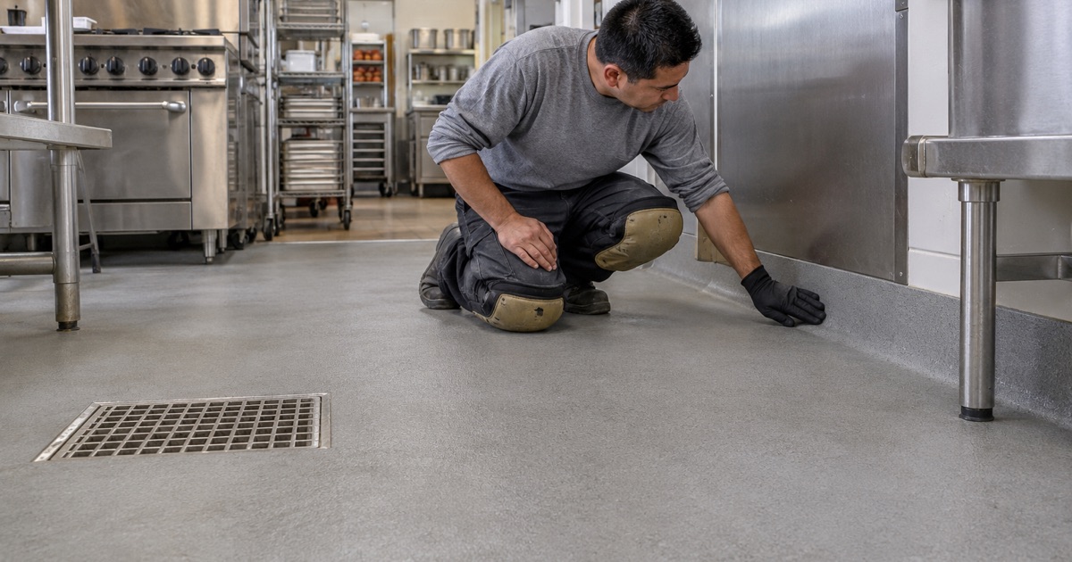 A worker inspecting a commercial kitchen floor near a drain.