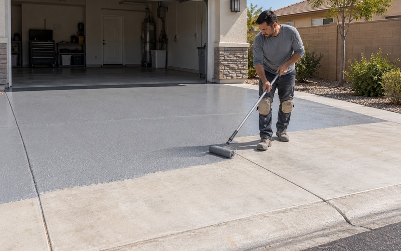 A worker rolling a coating onto a concrete driveway.