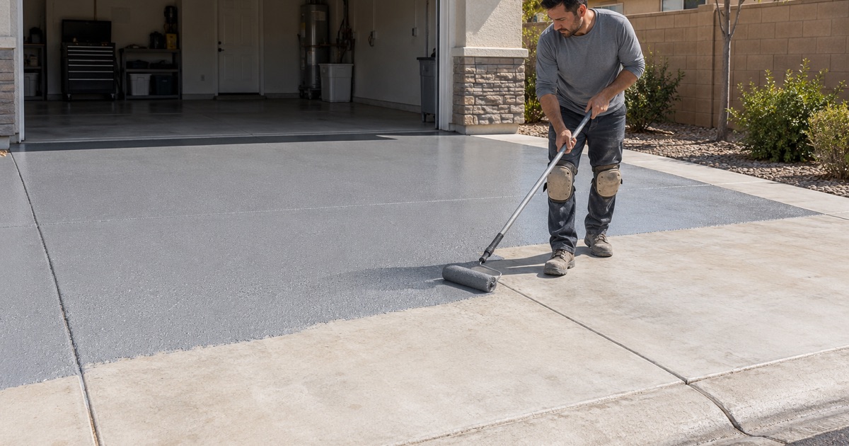 A worker rolling a coating onto a concrete driveway.