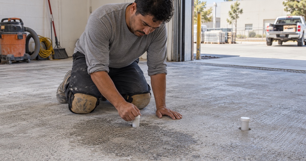 A worker testing a concrete slab near a garage doorway.