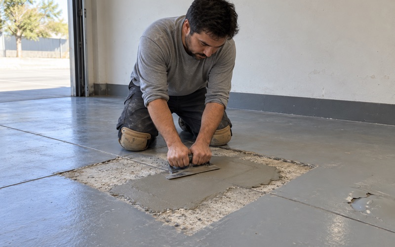 A worker repairing a damaged patch in a coated concrete floor.