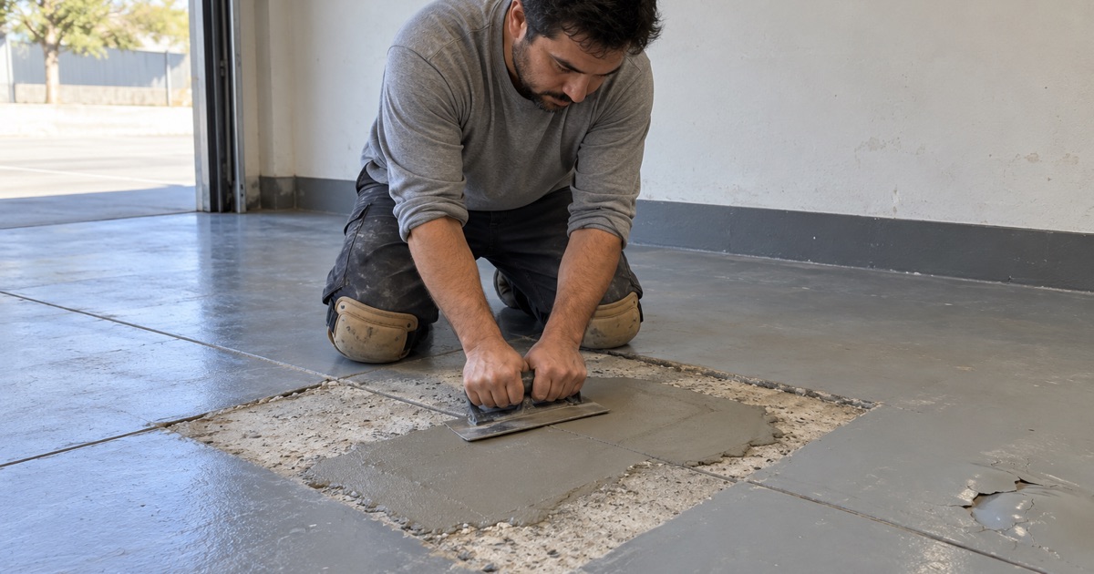 A worker repairing a damaged patch in a coated concrete floor.