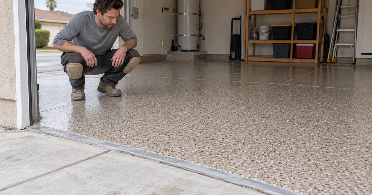 A worker crouching beside a finished flake garage floor.
