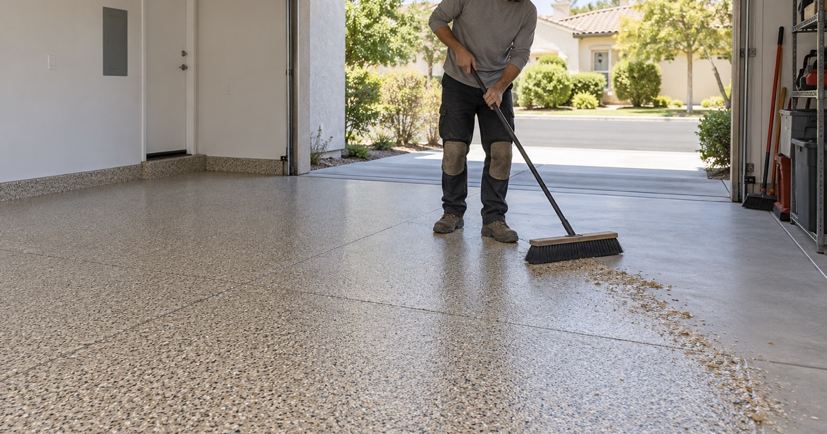 A worker rolling a clear coating across a flake garage floor.