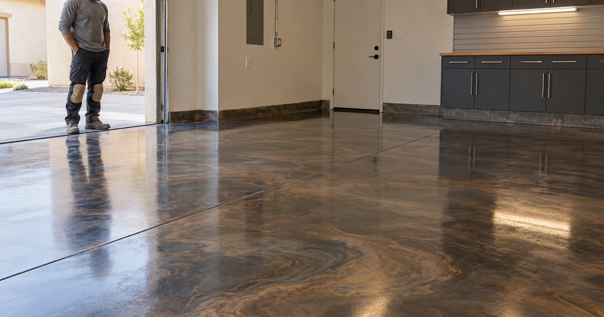 A glossy metallic floor with dark swirling patterns.
