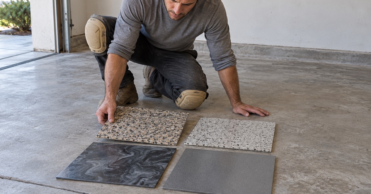 A worker comparing four floor finish sample boards.