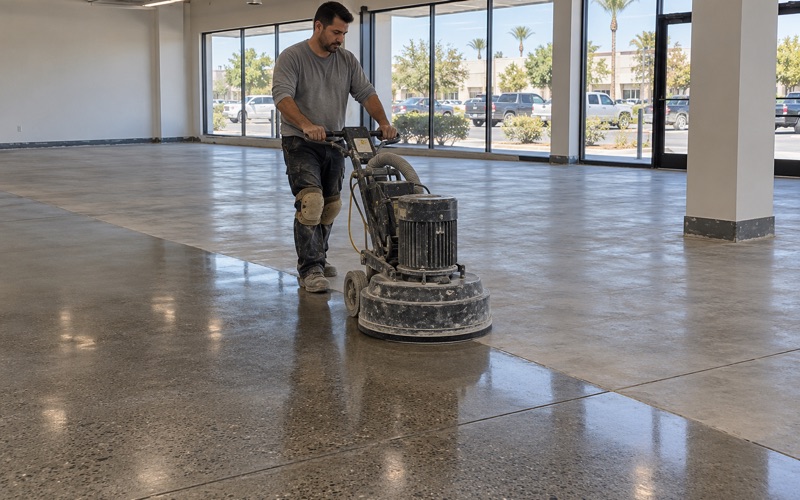 A worker polishing a concrete floor in a bright open room.