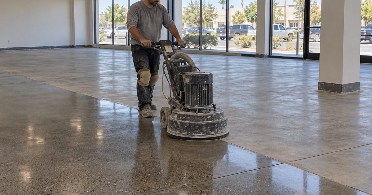 A worker polishing a concrete floor in a bright open room.