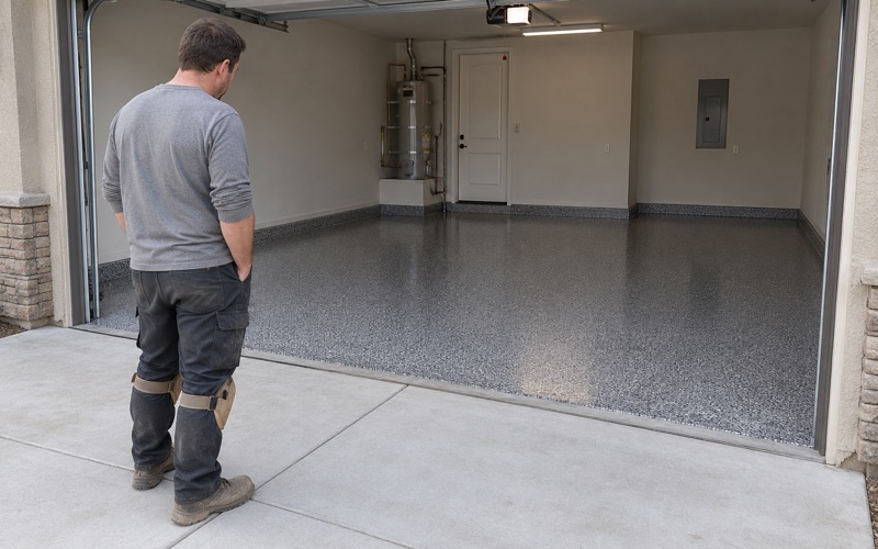 A worker inspecting a finished gray garage floor.