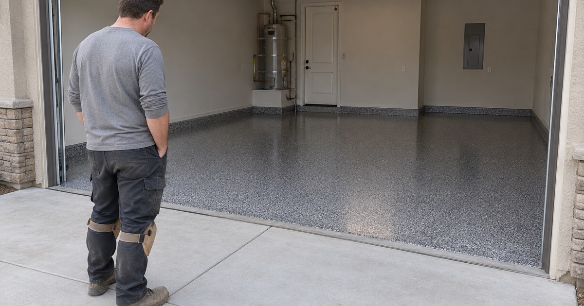 A worker inspecting a finished gray garage floor.