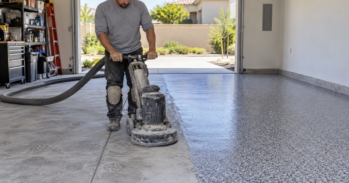A worker grinding one half of a garage slab beside a coated section.