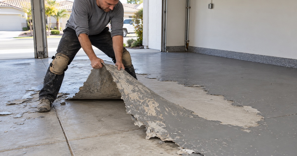 A worker lifting loose flooring from a damaged concrete slab.